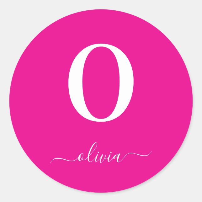 Monogram Script Name Personalised Hot Pink White Classic Round Sticker (Front)