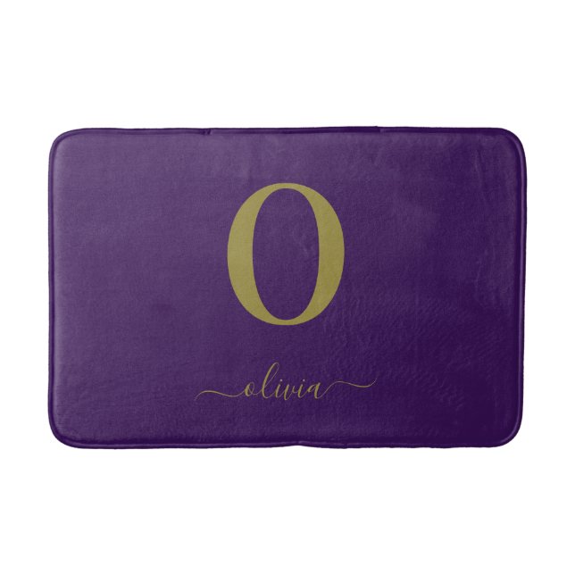 Monogram Script Name Personalised Purple And Gold Bath Mat (Front)