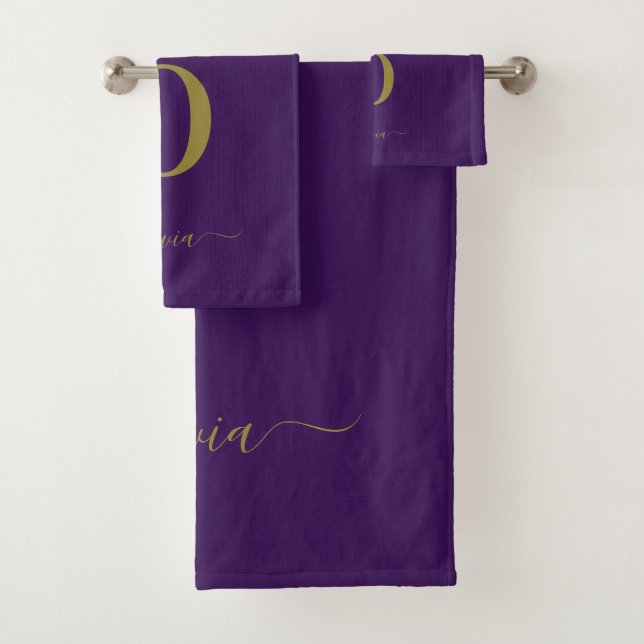 Monogram Script Name Personalised Purple And Gold Bath Towel Set (Insitu)