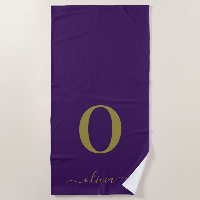 Monogram Script Name Personalised Purple And Gold Beach Towel (Front)