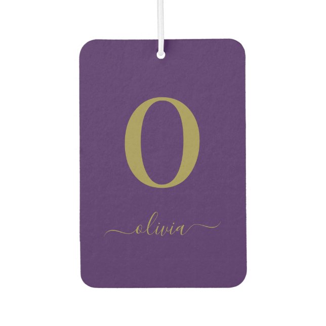 Monogram Script Name Personalised Purple And Gold Car Air Freshener (Front)