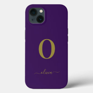 Monogram Script Name Personalised Purple And Gold iPhone 13 Case