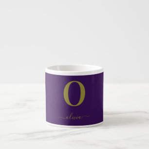 Monogram Script Name Personalised Purple And Gold Espresso Cup