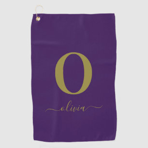 Monogram Script Name Personalised Purple And Gold Golf Towel