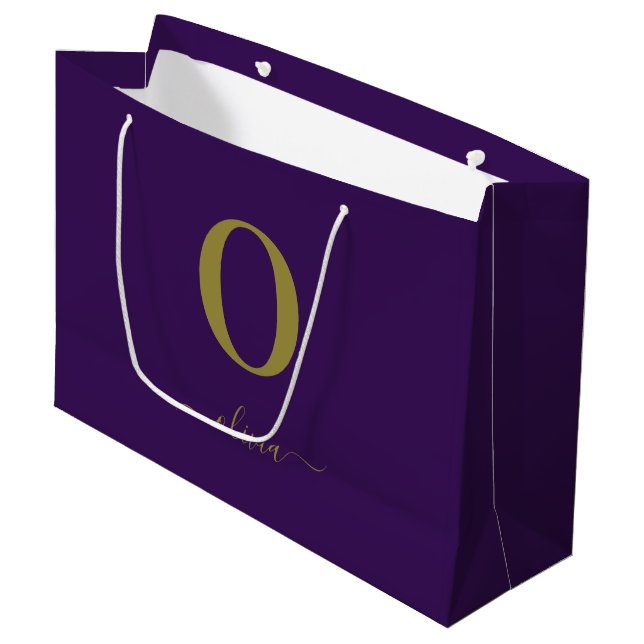 Monogram Script Name Personalised Purple And Gold Large Gift Bag (Front Angled)