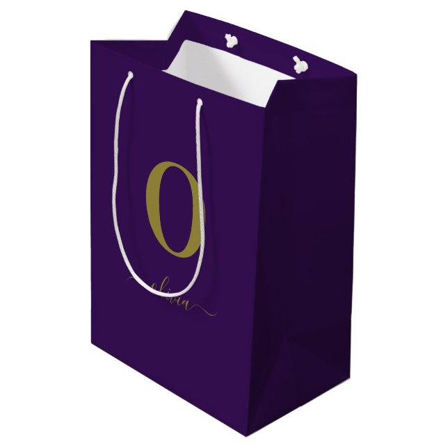 Monogram Script Name Personalised Purple And Gold Medium Gift Bag (Back Angled)