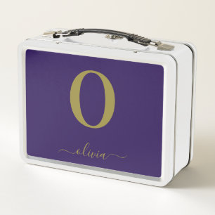 Monogram Script Name Personalised Purple And Gold Metal Lunch Box