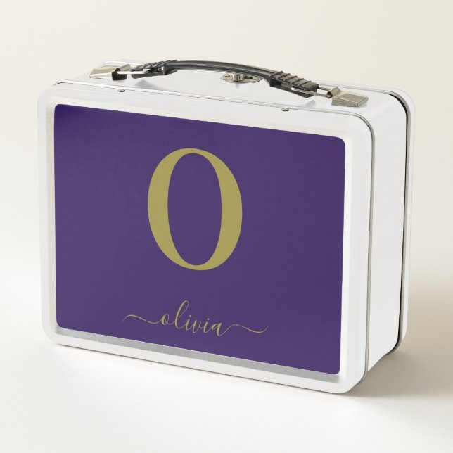 Monogram Script Name Personalised Purple And Gold Metal Lunch Box (Back)