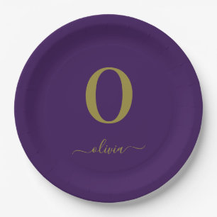 Monogram Script Name Personalised Purple And Gold Paper Plate