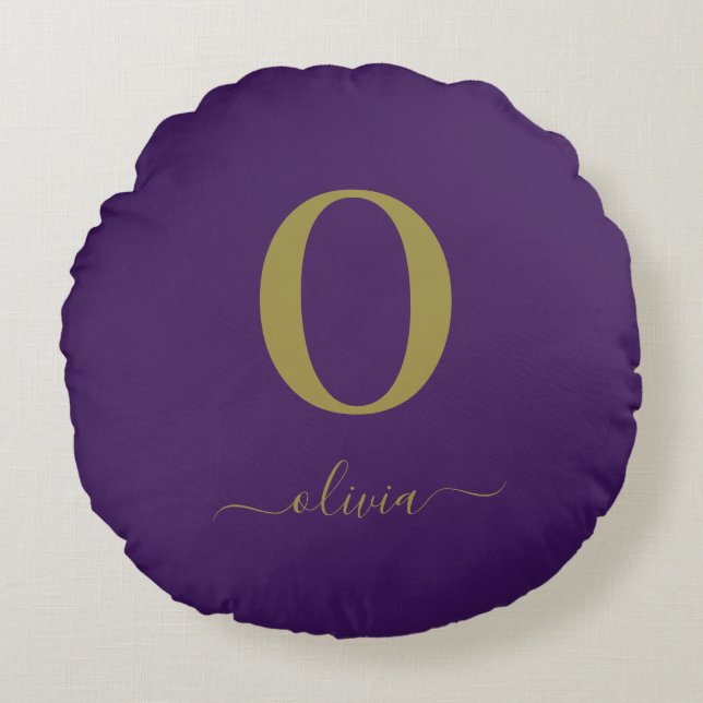 Monogram Script Name Personalised Purple And Gold Round Cushion (Front)