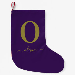 Monogram Script Name Personalised Purple And Gold Small Christmas Stocking