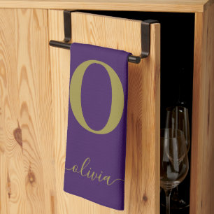 Monogram Script Name Personalised Purple And Gold Tea Towel