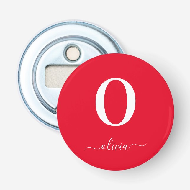 Monogram Script Name Personalised Red And White Bottle Opener (Front)