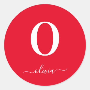 Monogram Script Name Personalised Red And White Classic Round Sticker