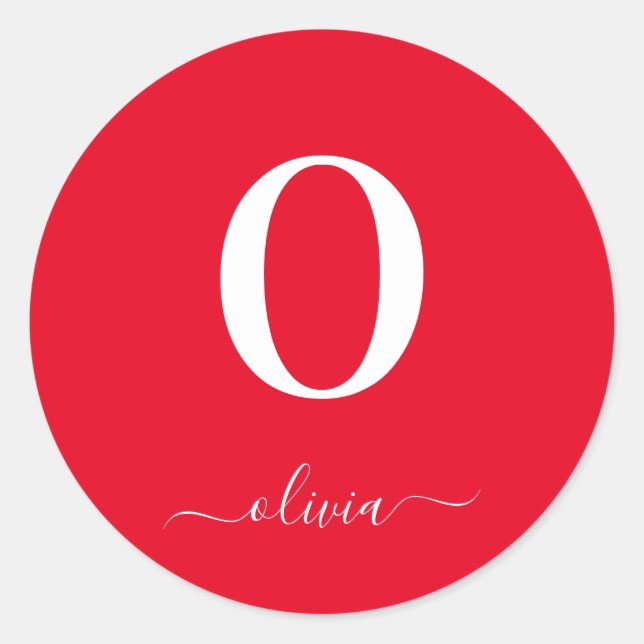 Monogram Script Name Personalised Red And White Classic Round Sticker (Front)