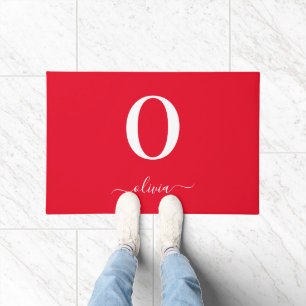 Monogram Script Name Personalised Red And White Doormat