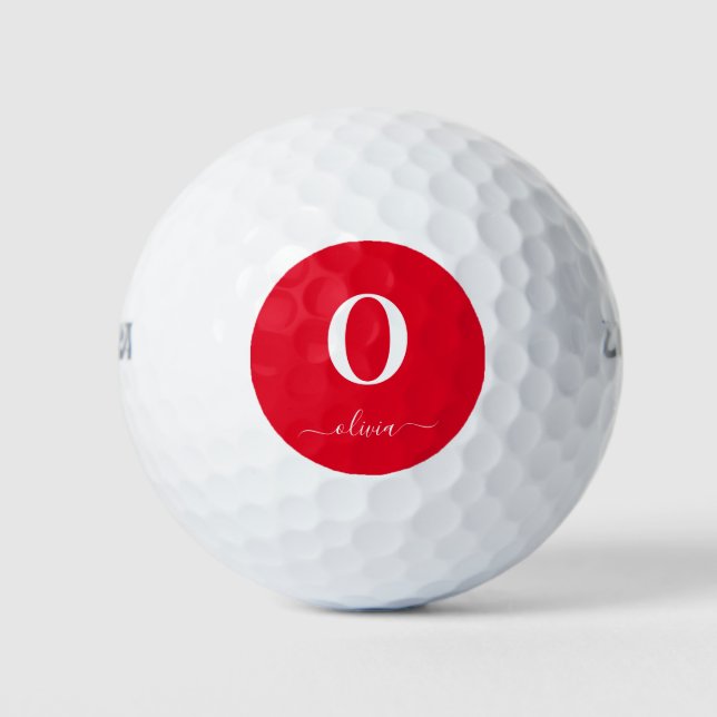Monogram Script Name Personalised Red And White Golf Balls (Front)