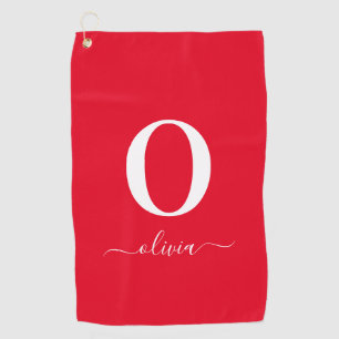 Monogram Script Name Personalised Red And White Golf Towel