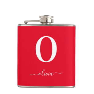 Monogram Script Name Personalised Red And White Hip Flask