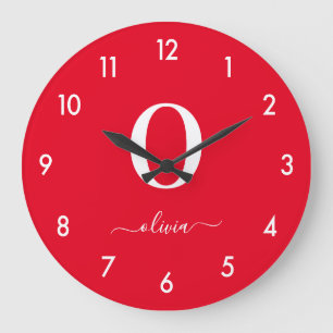 Monogram Script Name Personalised Red And White Large Clock