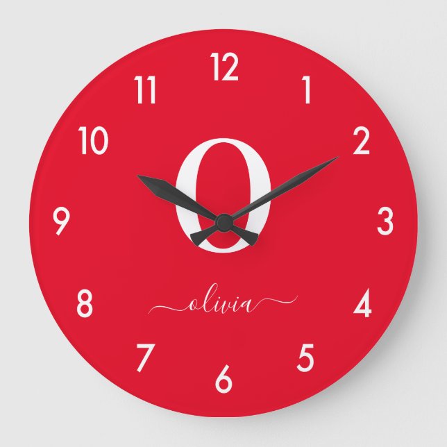 Monogram Script Name Personalised Red And White Large Clock (Front)