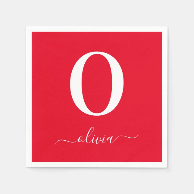 Monogram Script Name Personalised Red And White Napkin (Front)