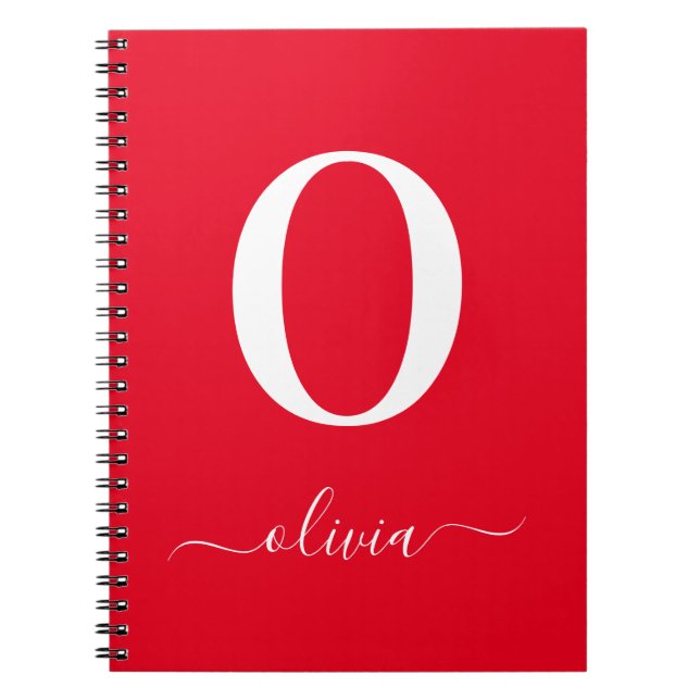 Monogram Script Name Personalised Red And White Notebook (Front)