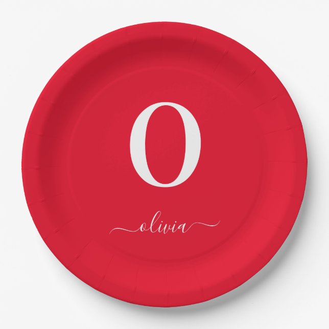 Monogram Script Name Personalised Red And White Paper Plate (Front)