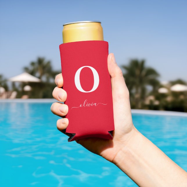 Monogram Script Name Personalised Red And White Seltzer Can Cooler (In Situ Pool)