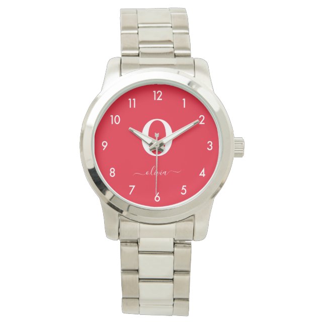Monogram Script Name Personalised Red And White Watch (Front)