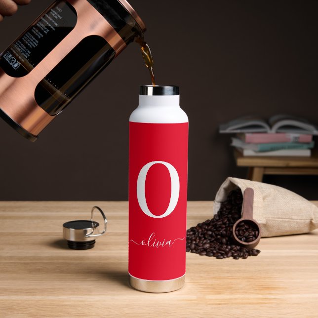 Monogram Script Name Personalised Red And White Water Bottle (Coffee)