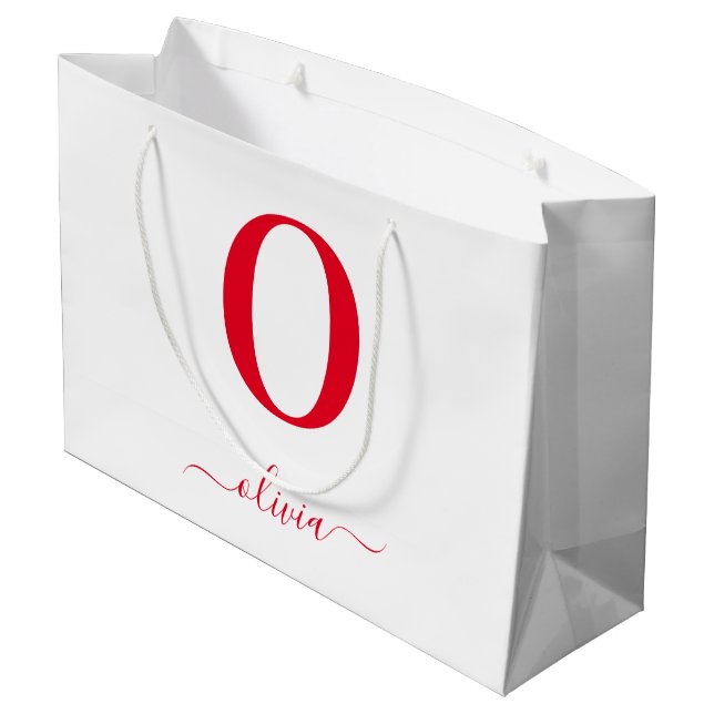Monogram Script Name Personalised White And Red Large Gift Bag (Back Angled)