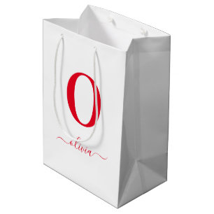 Monogram Script Name Personalised White And Red Medium Gift Bag