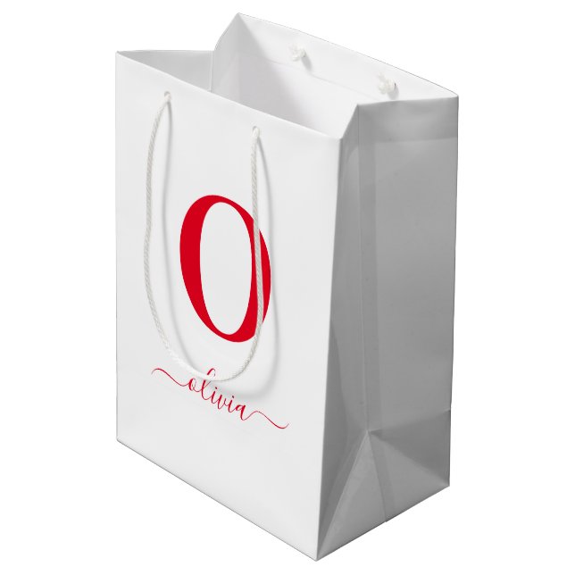 Monogram Script Name Personalised White And Red Medium Gift Bag (Back Angled)