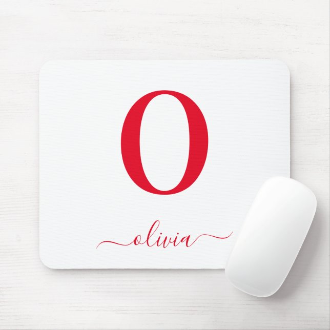 Monogram Script Name Personalised White And Red Mouse Mat (With Mouse)