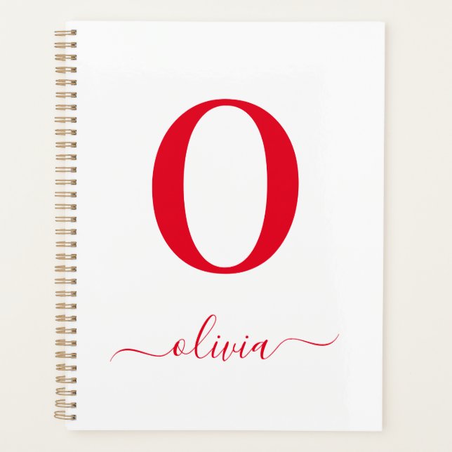 Monogram Script Name Personalised White And Red Planner (Front)