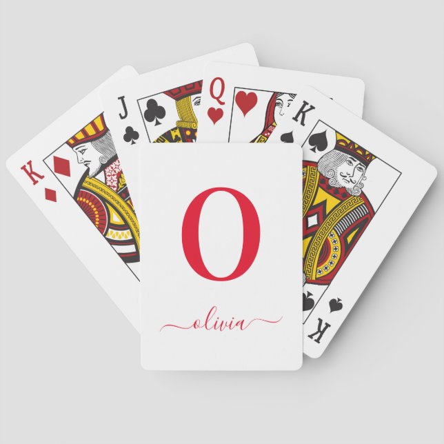 Monogram Script Name Personalised White And Red Playing Cards (Back)