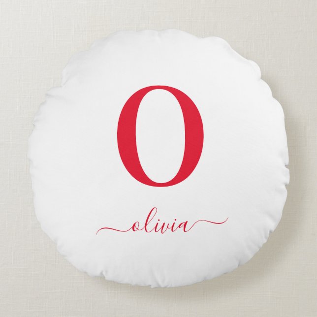 Monogram Script Name Personalised White And Red Round Cushion (Front)