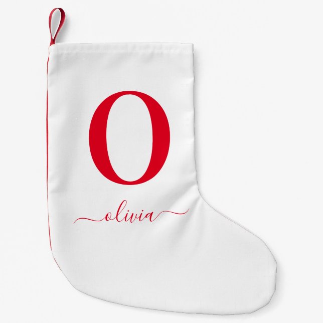 Monogram Script Name Personalised White And Red Small Christmas Stocking (Front)
