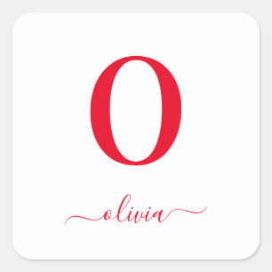 Monogram Script Name Personalised White And Red Square Sticker