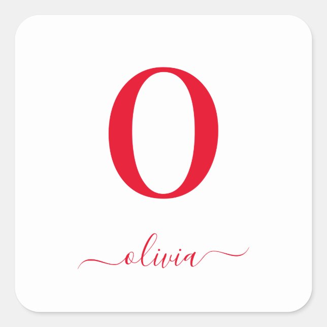 Monogram Script Name Personalised White And Red Square Sticker (Front)