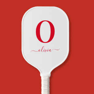 Monogram Script Name Personalized White And Red Pickleball Paddle