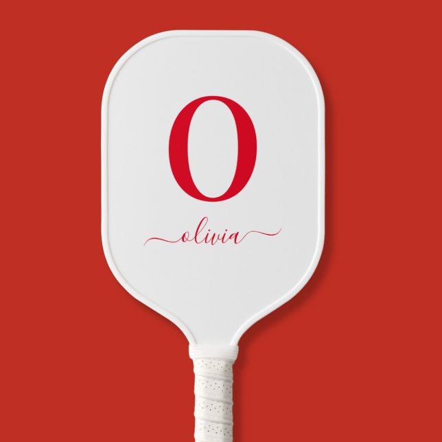 Monogram Script Name Personalized White And Red Pickleball Paddle (Creator Uploaded)