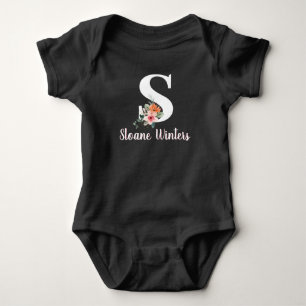 Monogram Script Name Pink Floral White Text Baby Bodysuit