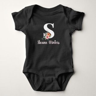Monogram Script Name Pink Floral White Text Baby Bodysuit