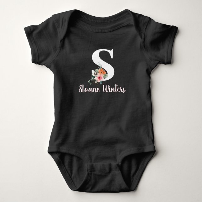 Monogram Script Name Pink Floral White Text  Baby Bodysuit (Front)