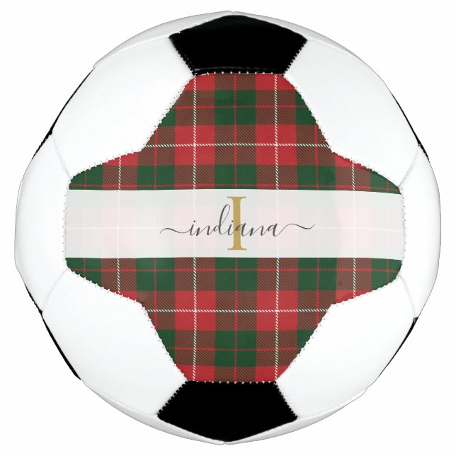 Monogram Script Name Plaid Red Green Tartan Football (Front)