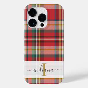 Monogram Script Name Plaid Red Pattern Rustic  Case-Mate iPhone 14 Pro Case