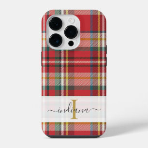 Monogram Script Name Plaid Red Pattern Rustic iPhone 14 Pro Case