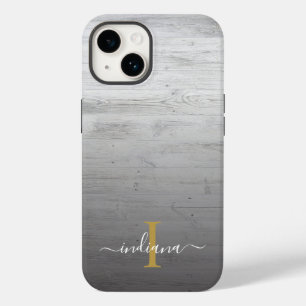 Monogram Script Name Rustic Printed Grey Wood Case-Mate iPhone 14 Case